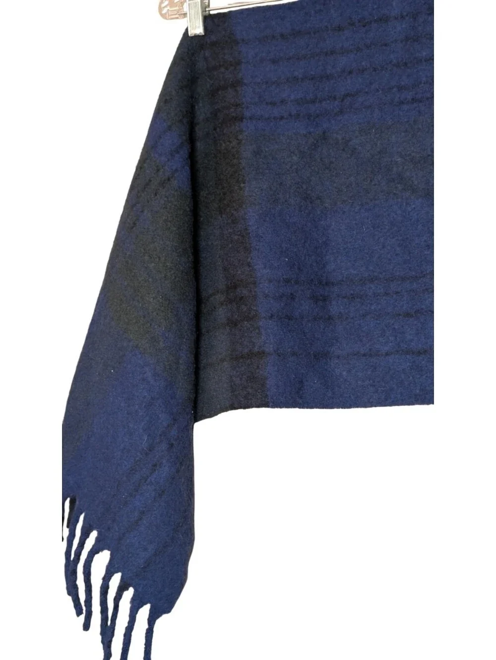 Uniqlo blue tartan plaid scarf soft fringe unisex cozy blanket wrap wool silk